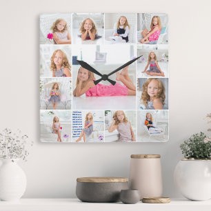 Create Your Own Custom 13 Photo Collage Family Quadratische Wanduhr