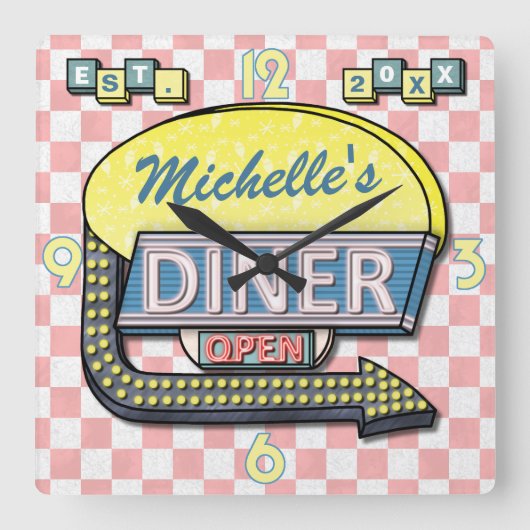 Create Your Own Custom Retro 50's Diner Sign 3 Quadratische Wanduhr (Vorderseite)
