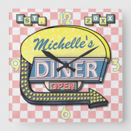 Create Your Own Custom Retro 50's Diner Sign 3 Quadratische Wanduhr