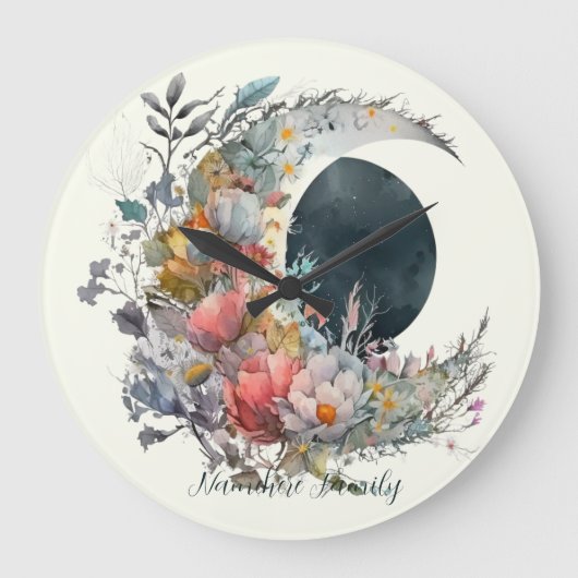 Create Your Own Dark & Light Floral Crescent Moon Große Wanduhr (Vorderseite)