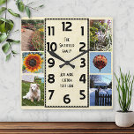 Create Your Own Deco 6 Photo Collage Marbled Quadratische Wanduhr<br><div class="desc">Make your own personalized photo collage clock with this easy template. This square clock has black numbers lined up in the middle in a deco-style long rectangle and a light beige-brown slightly marbled background. Along the edges, there's room for you to add six of your own favorite photographs: 4 5x7...</div>