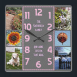 Create Your Own Deco 6 Photo Collage Pink Gray Quadratische Wanduhr<br><div class="desc">Make your own personalized photo collage clock with this easy template. This square clock has pink numbers lined up in the middle in a deco-style long rectangle and a gray background that you can "customize" to whatever image or color you'd like. Along the edges, there's room for you to add...</div>