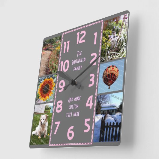 Create Your Own Deco 6 Photo Collage Pink Gray Quadratische Wanduhr (Winkel)