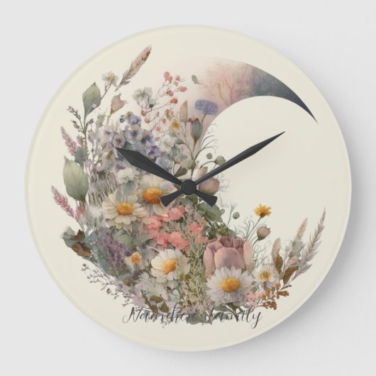 Create Your Own Elysian Floral Crescent Moon Große Wanduhr (Vorderseite)