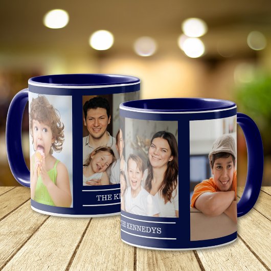 Create Your Own Family Name 3 Photo Collage Blue Tasse