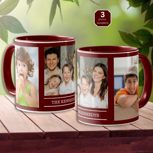 Create Your Own Family Name 3 Photo Collage Maroon Tasse