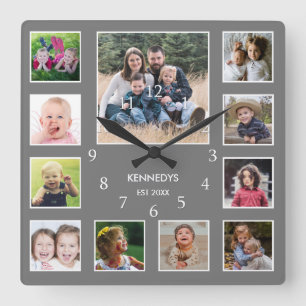 Create Your Own Family Name Photo Collage Gray Quadratische Wanduhr