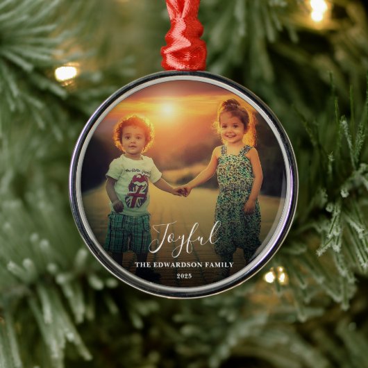 Create your own family photo joyful script ornament aus metall (Baum)