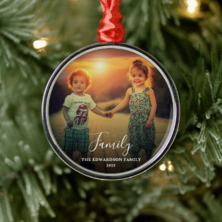 Create your own family script photo monogrammed ornament aus metall