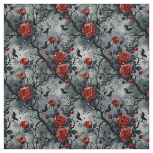 Create Your Own Gothic Bats Red Roses Grey Stoff (Muster)