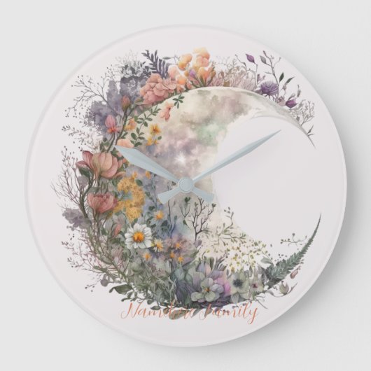 Create Your Own Misty Spring Floral Crescent Moon Große Wanduhr (Vorderseite)