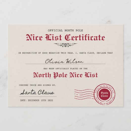 Create your own Nice List Certificate form Santa Einladung (Vorderseite)
