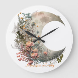 Create Your Own Peach Roses Floral Crescent Moon Große Wanduhr