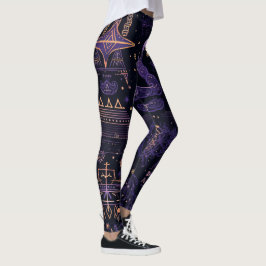 Create Your Own Purple & Gold Witchy Symbols Black Leggings