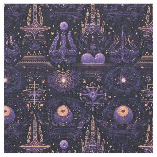 Create Your Own Purple & Gold Witchy Symbols Black Stoff (Nahaufnahme)