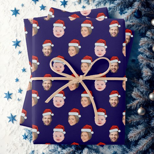 Create Your Own Santa Hat Face 3 Photo Blue Geschenkpapier Set