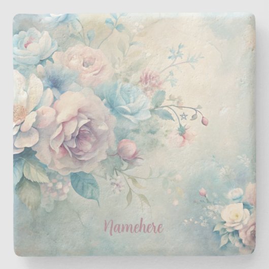 Create Your Own Shabby Chic Blue Pink White Roses Steinuntersetzer (Vorderseite)