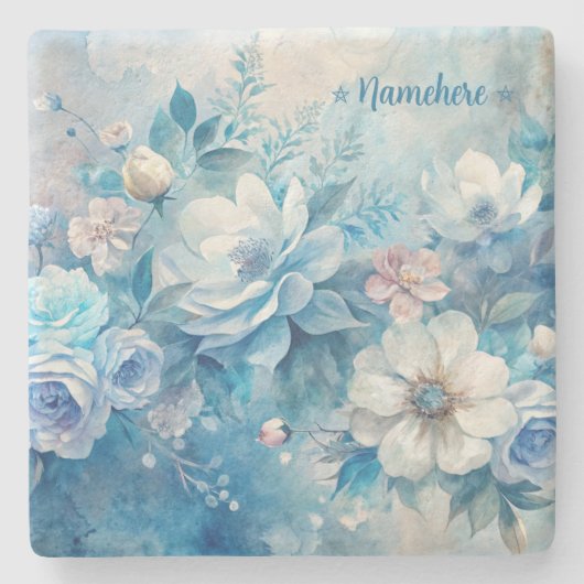 Create Your Own Shabby Chic Blue & Purple Roses Steinuntersetzer (Vorderseite)