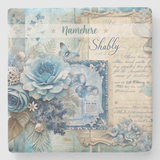 Create Your Own Shabby Chic Blue Roses Floral Steinuntersetzer (Vorderseite)