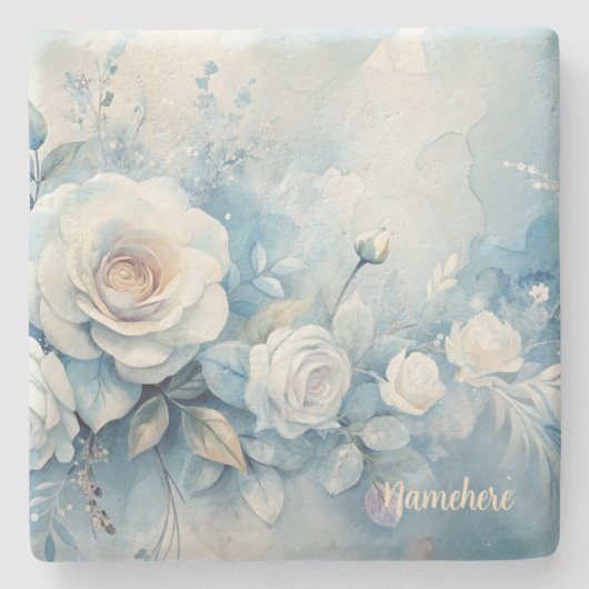 Create Your Own Shabby Chic Misty White Roses Steinuntersetzer (Vorderseite)