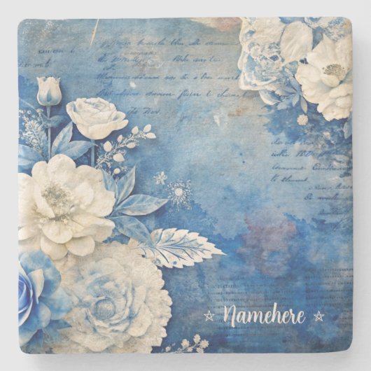 Create Your Own Shabby Chic White Rose Blue Steinuntersetzer (Vorderseite)