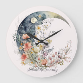 Create Your Own Spring Meadow Floral Crescent Moon Große Wanduhr