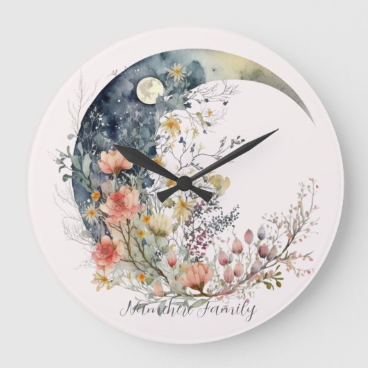 Create Your Own Spring Meadow Floral Crescent Moon Große Wanduhr (Vorderseite)
