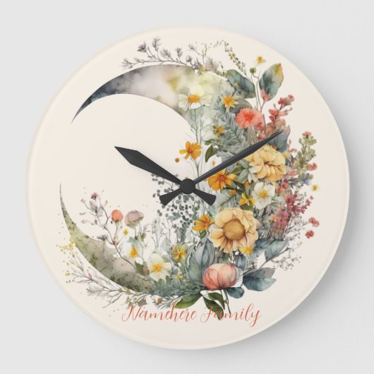 Create Your Own Sunny Floral Crescent Moon Große Wanduhr (Vorderseite)