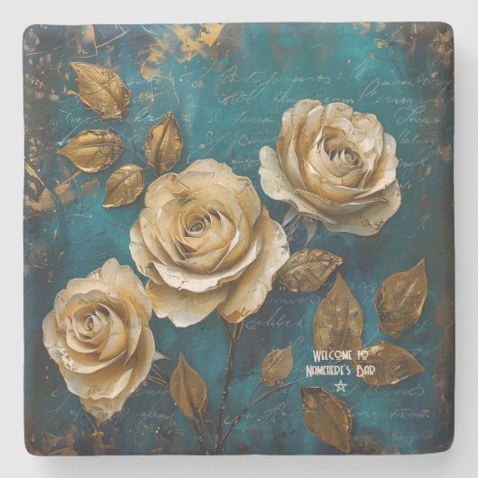 Create Your Own Turquoise Blue Gold Roses Floral Steinuntersetzer (Vorderseite)