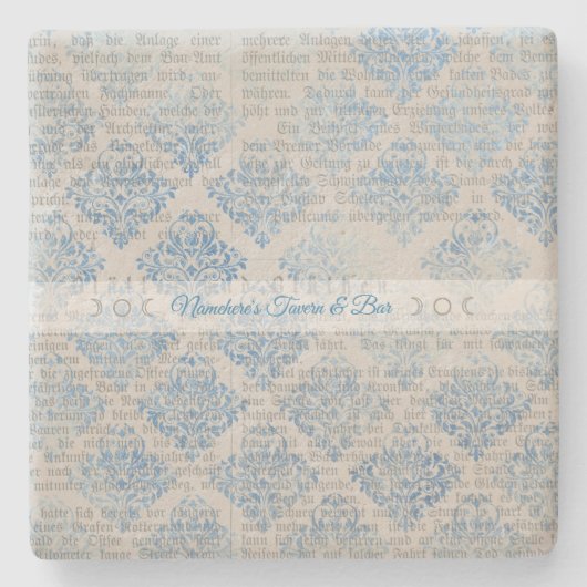 Create Your Own Vintage Blue Damask Newsprint Steinuntersetzer (Vorderseite)