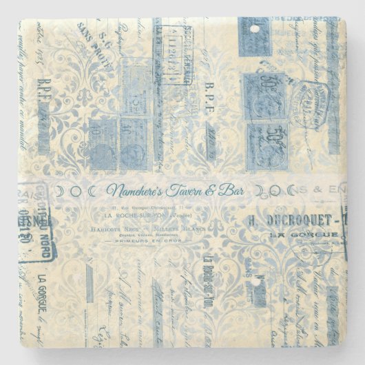 Create Your Own Vintage Blue Damask Postage Steinuntersetzer (Vorderseite)