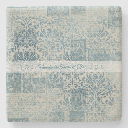 Create Your Own Vintage Teal Damask Newsprint Steinuntersetzer (Vorderseite)