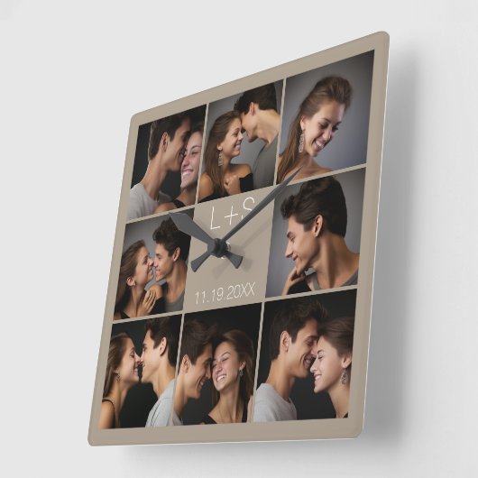 Create Your Own Wedding Photo Collage Monogram Quadratische Wanduhr (Winkel)