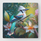 Created Aquamarin Winged Jay Quadratische Wanduhr (Vorderseite)