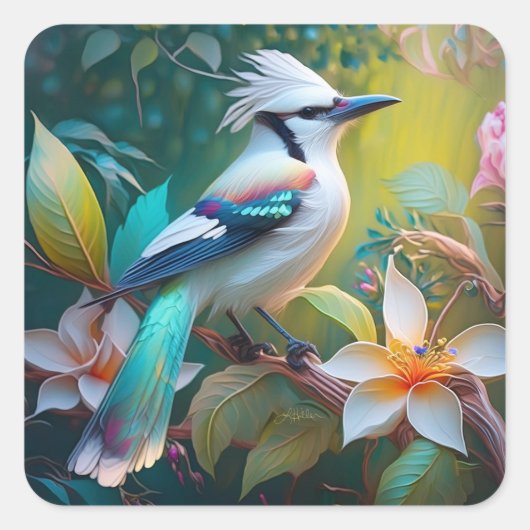 Created Aquamarin Winged Jay Quadratischer Aufkleber (Vorderseite)