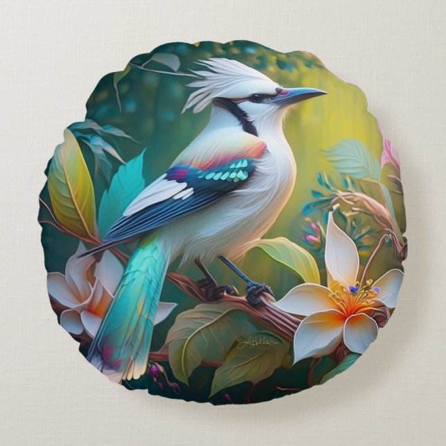 Created Aquamarin Winged Jay Rundes Kissen (Vorderseite)