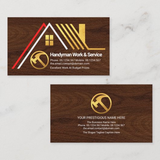 Creative A-Frame Gold Dachdecke auf Holzholz Visitenkarte (Vorne/Hinten)