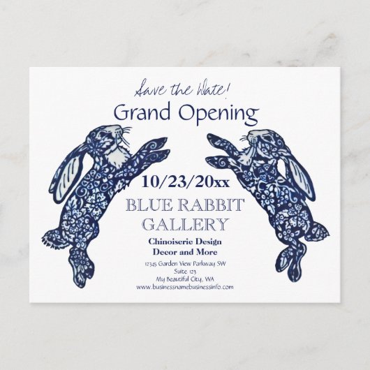 Creative Blue Bunny Business Grand Opening Date Ankündigungspostkarte (Vorderseite)