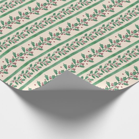Creative elegant retro green stripes holy berry geschenkpapier (Ecke)