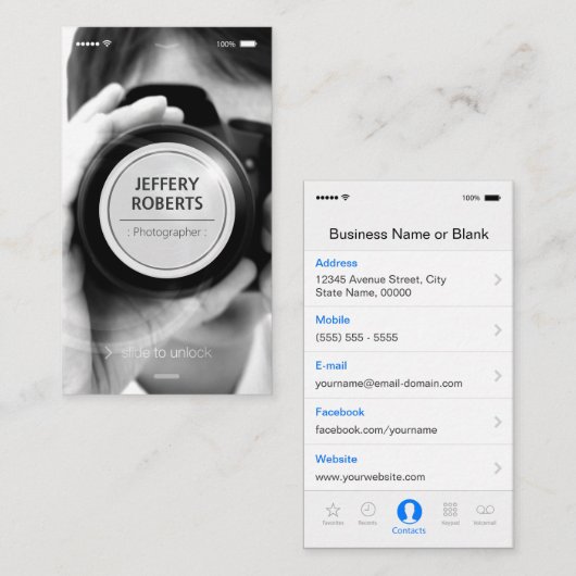 Creative iPhone iOS Style - Moderner Fotograf Visitenkarte (Vorne/Hinten)