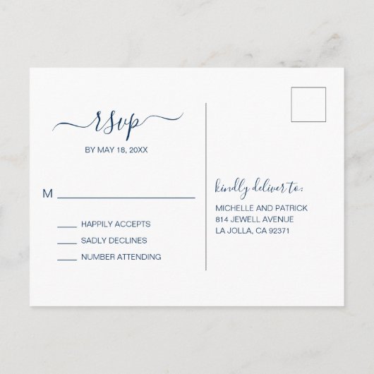 Creative Navy Blue Watercolor Wedding RSVP Einladungspostkarte (Rückseite)