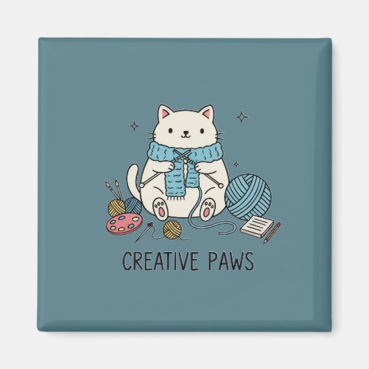Creative Paws Knitting White Cat Blue Scarf Accent Magnet (Vorne)