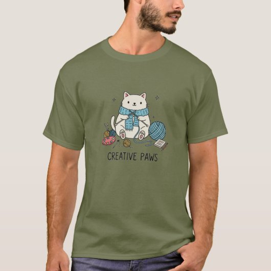 Creative Paws White Cat Knitting Summer Wear Graph T-Shirt (Vorderseite)