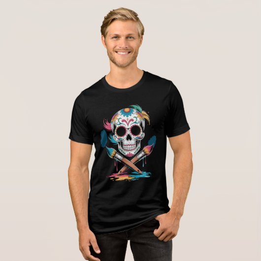 Creative Sugar Skull und Crossed Paint Brushes Art Tri-Blend Shirt (Vorderseite voll)