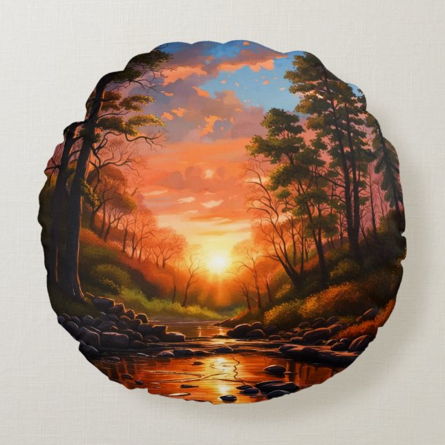 Creek Bank Sunrise Rundes Kissen (Vorderseite)