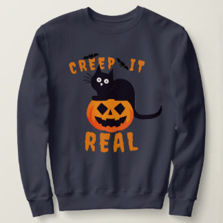 'Creep it Real' Grafik Halloween Black Cat Sweatshirt