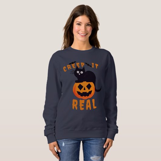 'Creep it Real' Grafik Halloween Black Cat Sweatshirt (Vorne ganz)