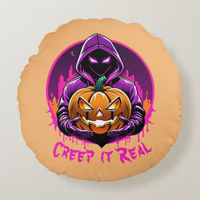 Creep it Real, Horror Halloween Illustration Rundes Kissen (Vorderseite)