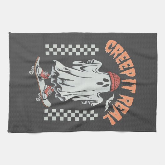 Creep It Real Retro Halloween Skate Ghost Geschirrtuch (Horizontal)