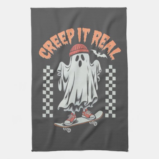 Creep It Real Retro Halloween Skate Ghost Geschirrtuch (Vertikal)